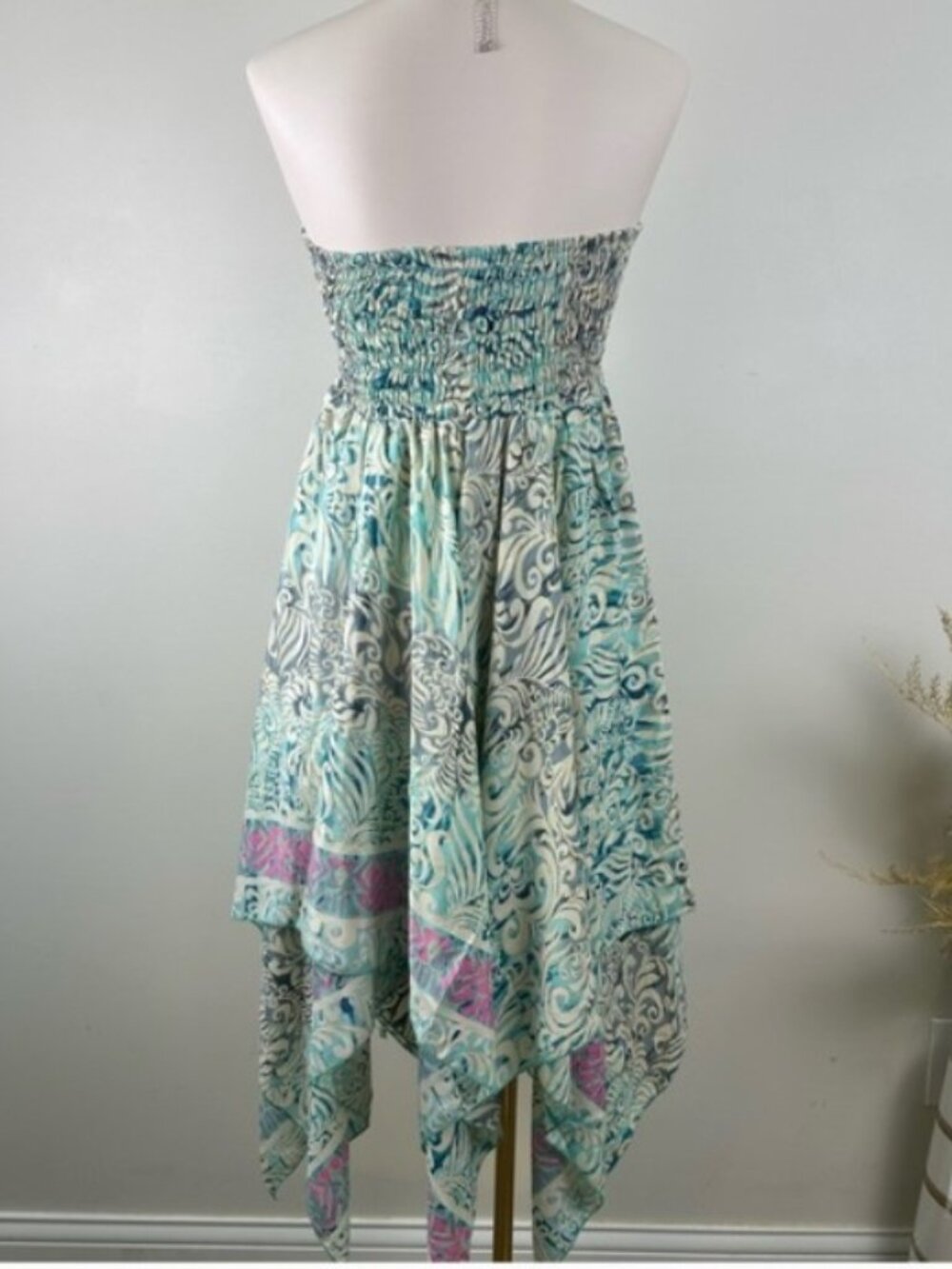 Etc Silk Blend Smocked 2-in-1 Handkerchief Midi Dress Skirt NWOT - Picture 3 of 10